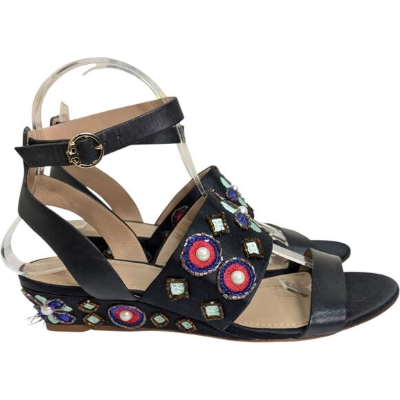 Tory Burch Estella Sandals 7.5 Crystal Embellished Leather Wedge Ankle Strap - Picture 3 of 15